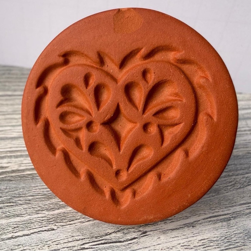 Foxcraft Vintage Terra Cotta Cookie Stamp Heart Folk Art Shortbread Press Brown